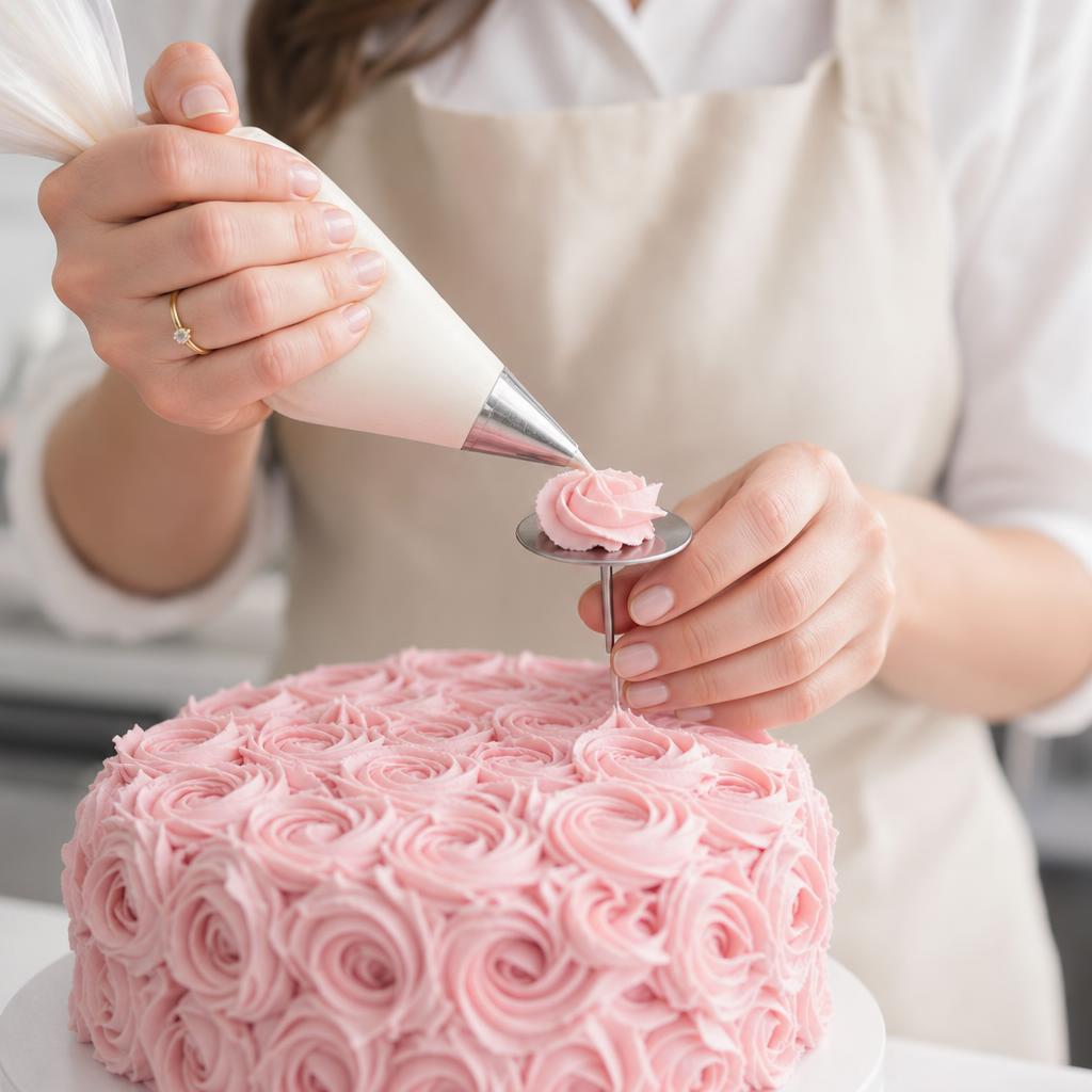 Baker hands decorating a pink rosette cake